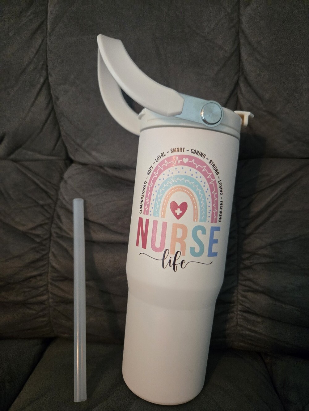 NURSE Life Cream Color Insulated Tumbler with Pastel Rainbow Design